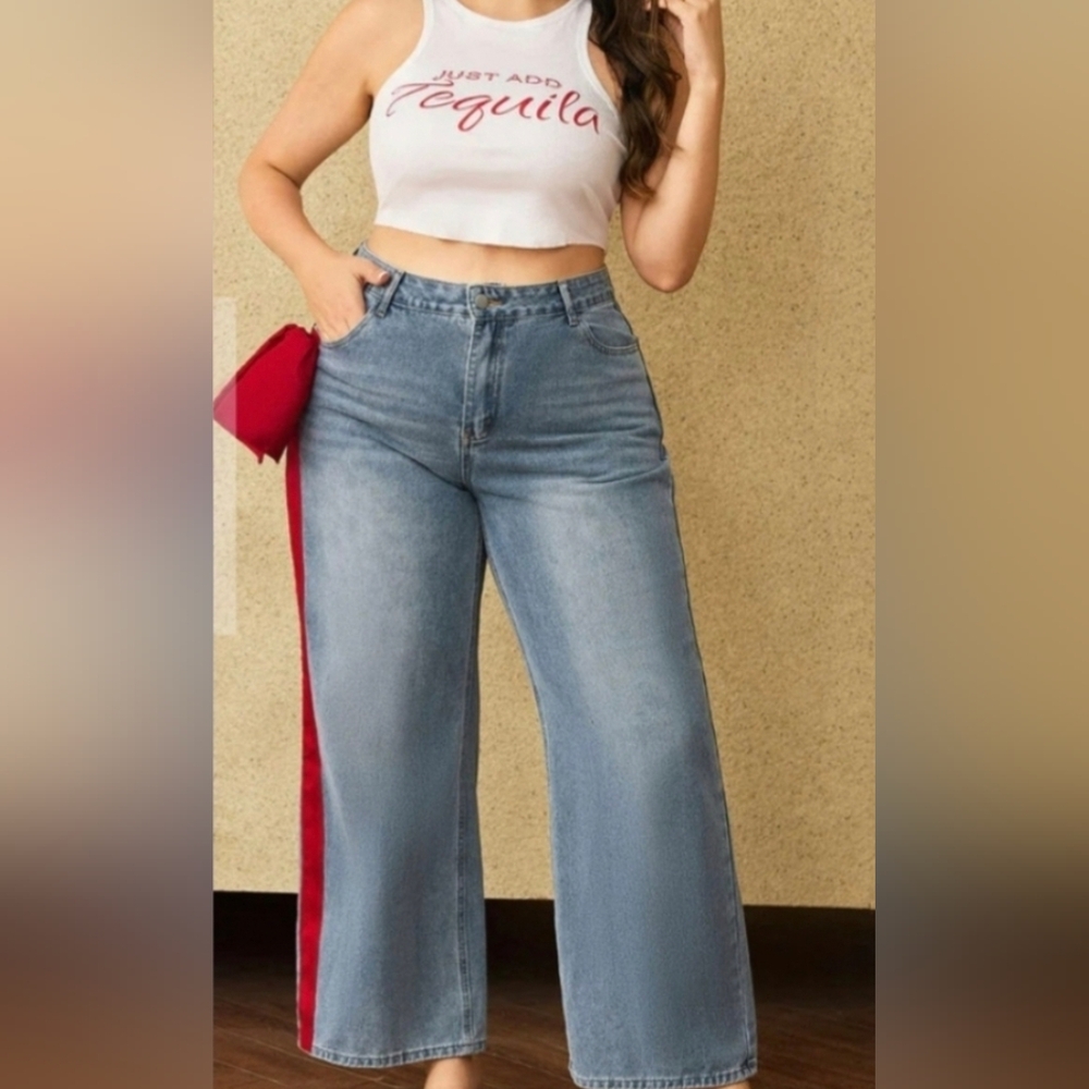 Micas Denim Blue Jeans with Red Stripe And Bow Detail- Maximalism NWT